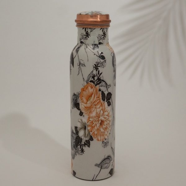 Bouteille d'eau en cuivre pur avec imprimé floral, blanche