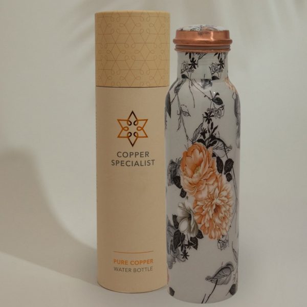 Bouteille d'eau en cuivre pur avec imprimé floral, blanche – Image 2