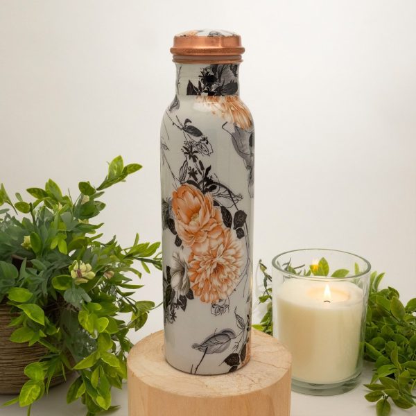 Bouteille d'eau en cuivre pur avec imprimé floral, blanche – Image 3